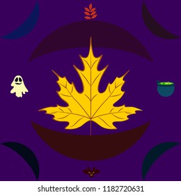 Halloween autumn fallen leaves cauldron witch bat spirit vector