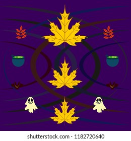 Halloween autumn fallen leaves cauldron witch bat spirit vector
