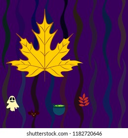 Halloween autumn fallen leaves cauldron witch bat spirit vector