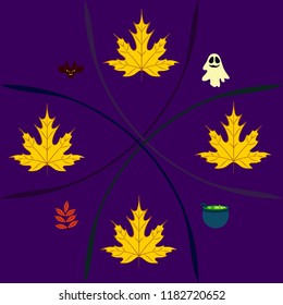Halloween autumn fallen leaves cauldron witch bat spirit vector
