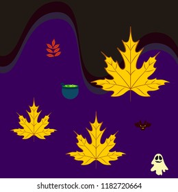 Halloween autumn fallen leaves cauldron witch bat spirit vector