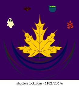 Halloween autumn fallen leaves cauldron witch bat spirit vector