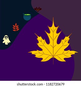 Halloween autumn fallen leaves cauldron witch bat spirit vector