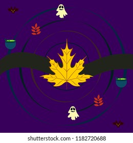 Halloween autumn fallen leaves cauldron witch bat spirit vector