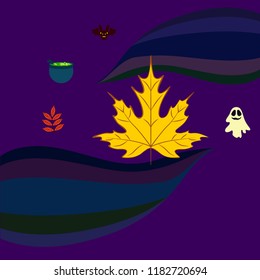 Halloween autumn fallen leaves cauldron witch bat spirit vector