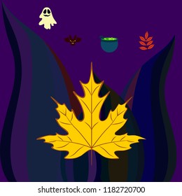 Halloween autumn fallen leaves cauldron witch bat spirit vector