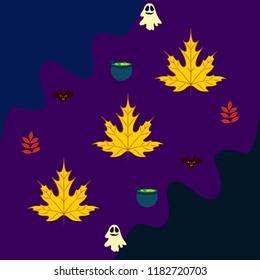Halloween autumn fallen leaves cauldron witch bat spirit vector