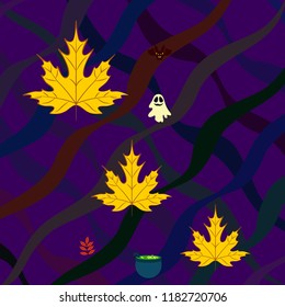 Halloween autumn fallen leaves cauldron witch bat spirit vector