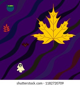 Halloween autumn fallen leaves cauldron witch bat spirit vector