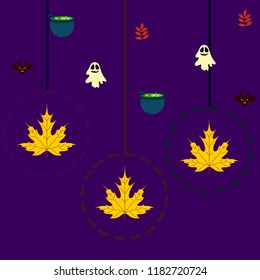 Halloween autumn fallen leaves cauldron witch bat spirit vector