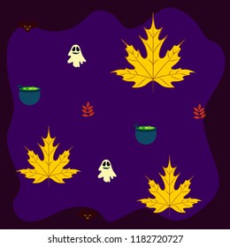 Halloween autumn fallen leaves cauldron witch bat spirit vector