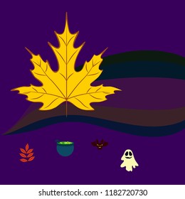 Halloween autumn fallen leaves cauldron witch bat spirit vector