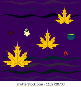 Halloween autumn fallen leaves cauldron witch bat spirit vector