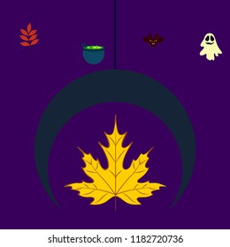 Halloween autumn fallen leaves cauldron witch bat spirit vector