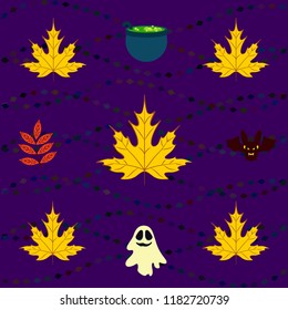 Halloween autumn fallen leaves cauldron witch bat spirit vector