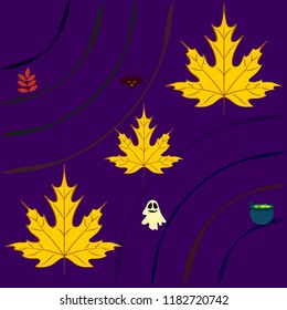 Halloween autumn fallen leaves cauldron witch bat spirit vector