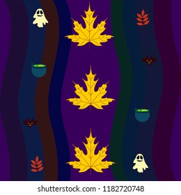 Halloween autumn fallen leaves cauldron witch bat spirit vector