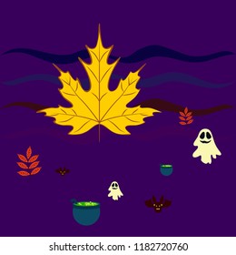 Halloween autumn fallen leaves cauldron witch bat spirit vector