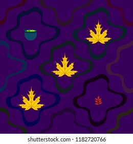 Halloween autumn fallen leaves cauldron witch bat spirit vector
