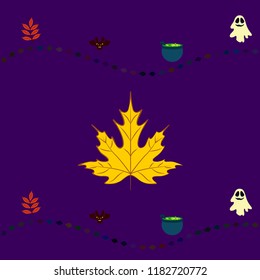 Halloween autumn fallen leaves cauldron witch bat spirit vector
