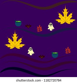 Halloween autumn fallen leaves cauldron witch bat spirit vector