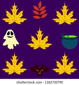 Halloween autumn fallen leaves cauldron witch bat spirit vector