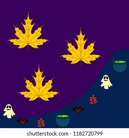 Halloween autumn fallen leaves cauldron witch bat spirit vector