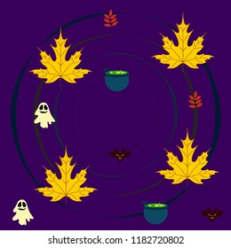 Halloween autumn fallen leaves cauldron witch bat spirit vector