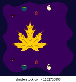 Halloween autumn fallen leaves cauldron witch bat spirit vector