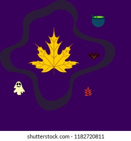 Halloween autumn fallen leaves cauldron witch bat spirit vector