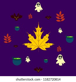 Halloween autumn fallen leaves cauldron witch bat spirit vector