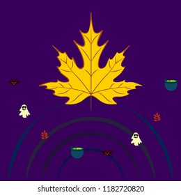 Halloween autumn fallen leaves cauldron witch bat spirit vector