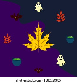 Halloween autumn fallen leaves cauldron witch bat spirit vector