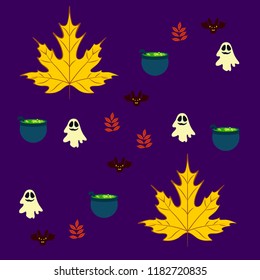 Halloween autumn fallen leaves cauldron witch bat spirit vector
