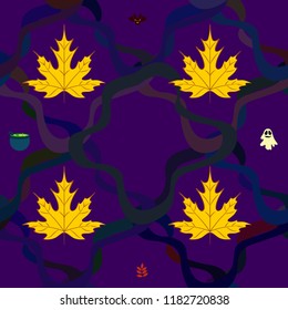 Halloween autumn fallen leaves cauldron witch bat spirit vector