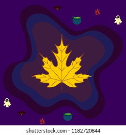 Halloween autumn fallen leaves cauldron witch bat spirit vector