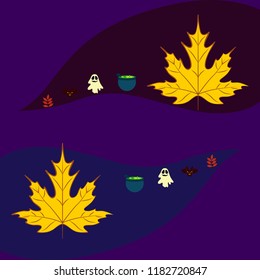 Halloween autumn fallen leaves cauldron witch bat spirit vector