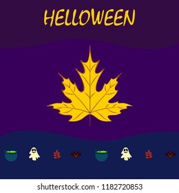Halloween autumn fallen leaves cauldron witch bat spirit vector