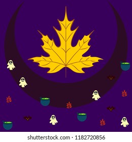Halloween autumn fallen leaves cauldron witch bat spirit vector