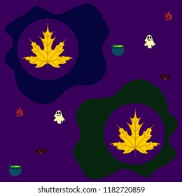Halloween autumn fallen leaves cauldron witch bat spirit vector