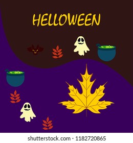 Halloween autumn fallen leaves cauldron witch bat spirit vector