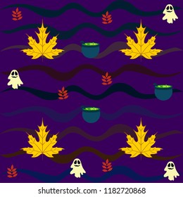 Halloween autumn fallen leaves cauldron witch bat spirit vector