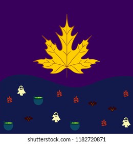 Halloween autumn fallen leaves cauldron witch bat spirit vector