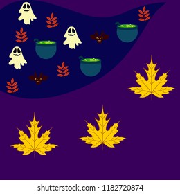Halloween autumn fallen leaves cauldron witch bat spirit vector
