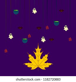 Halloween autumn fallen leaves cauldron witch bat spirit vector