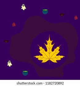 Halloween autumn fallen leaves cauldron witch bat spirit vector