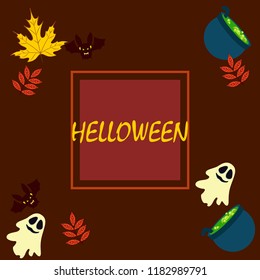 Halloween autumn fallen leaves cauldron witch bat spirit vector