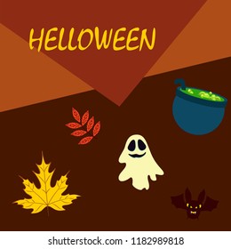 Halloween autumn fallen leaves cauldron witch bat spirit vector