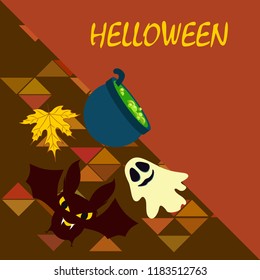 Halloween autumn fallen leaves cauldron witch bat spirit vector