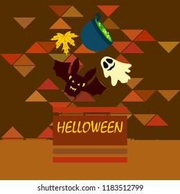 Halloween autumn fallen leaves cauldron witch bat spirit vector